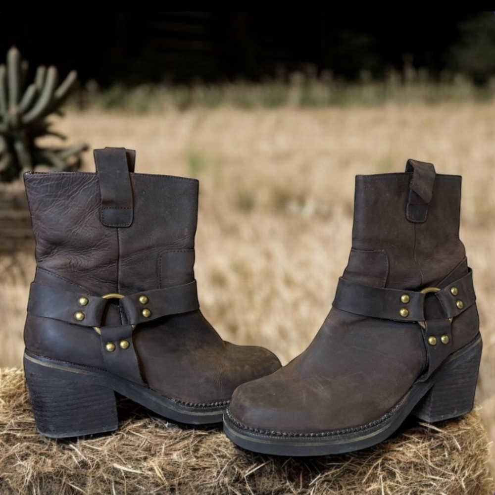 Handmade Jeffrey Cambell Leather Harness Biker/Western Brown Leather Ankle Boots